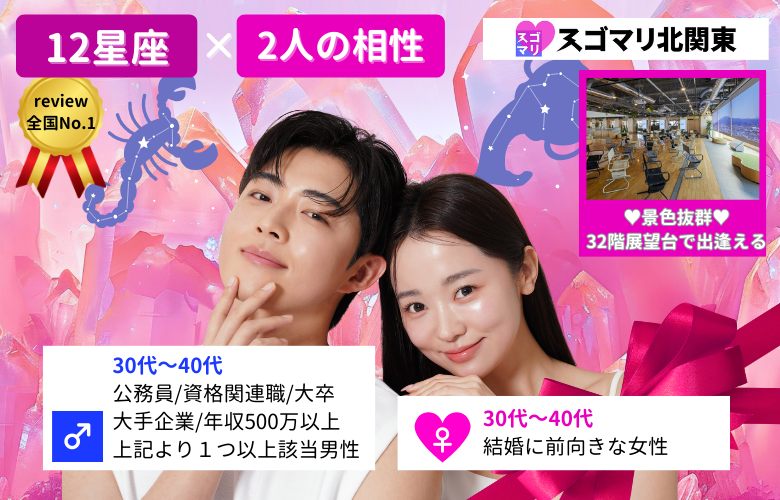 【12星座×2人の相性】公務員/資格関連職/大卒以上/大手企業/年収500万以上の男性限定婚活パーティー